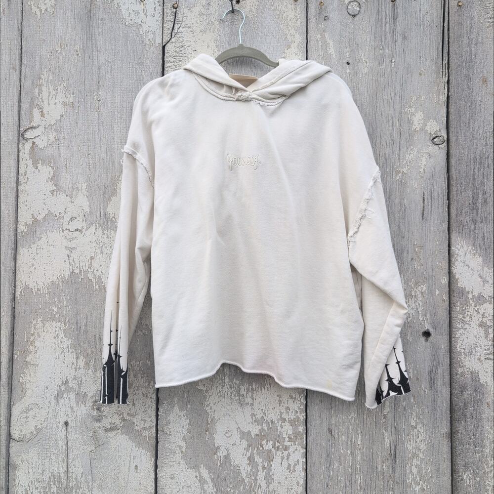 YOUNGLA Hoodie White and Black Size Medium Cropped